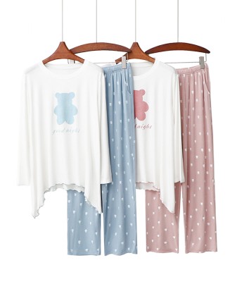 Simple Loose Cartoon Printed Pajamas Two Pieces Set