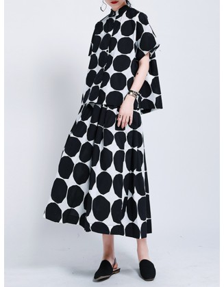 Mock Neck Buttoned Pockets Polka-Dot Blouses Top + A-Line High Waisted Skirts Bottom Two Pieces Set