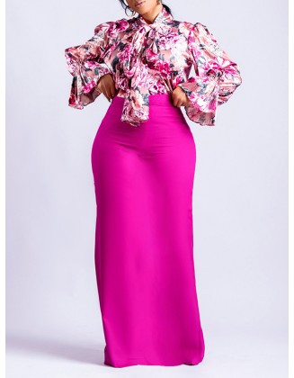 Long Sleeves Floral Printed Blouse + Split-Back Solid Color Skirt Two Pieces Set