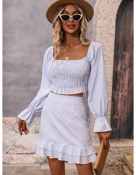 Casual A-Line Striped Off-The-Shoulder Two Pieces Set