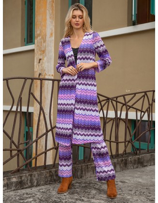 Vacation Loose Long Sleeves Plain Striped Two Pieces Set