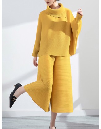 Simple Loose Long Sleeves Pleated Solid Color High-Neck T-Shirt Top&Wide Legs Pants Two Pieces Set