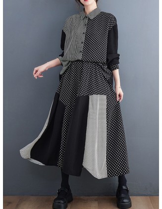 Loose Oversize Striped Polka-Dot Split-Joint Blouse Top A-Line Skirt Bottom Two Pieces Set