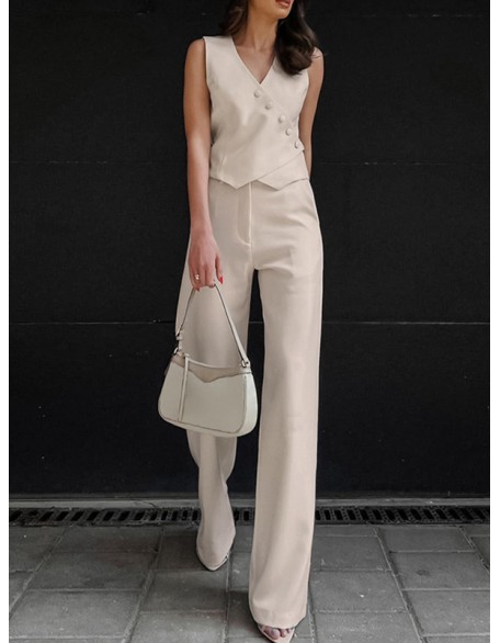 Solid Color Sleeveless Asymmetric Split-Joint  V-Neck Vest Tops +  Straight Leg Pants Suits Two Pieces Set