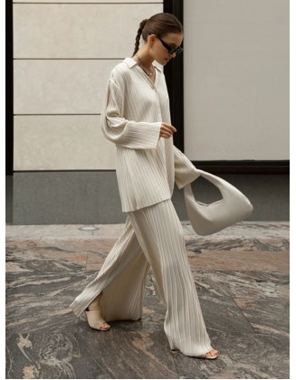 Urban Loose Pleated Solid Lapel Collar Blouses Tops & Wide Leg Pants Two Pieces Set