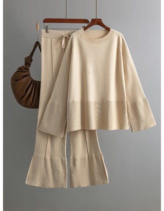 Casual Long Sleeves Loose Solid Color Round-Neck Sweater Tops & Wide Leg Pants Two Pieces Set