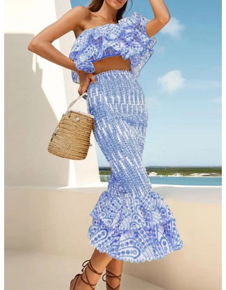 Embroidered  Falbala Hollow Off-The-Shoulder Shirt Top + Mermaid Skirt Two Pieces Set