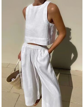 Solid Color Loose Round-Neck Sleeveless Vest + Elasticity Wide Leg Pants Two Pieces Set