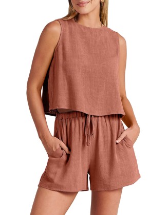 Solid Color Round-Neck Vest + Elasticity Drawstring Shorts Two Pieces Set