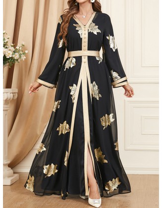 Belted Muslim Printed Split-Front Long Sleeves V-Neck Two Pieces Set Maxi Dresses