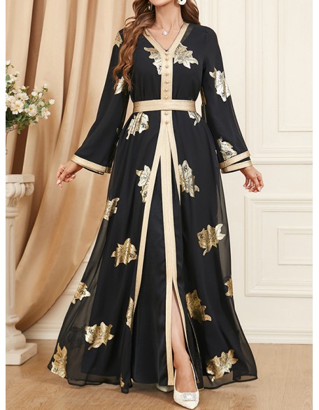 Belted Muslim Printed Split-Front Long Sleeves V-Neck Two Pieces Set Maxi Dresses