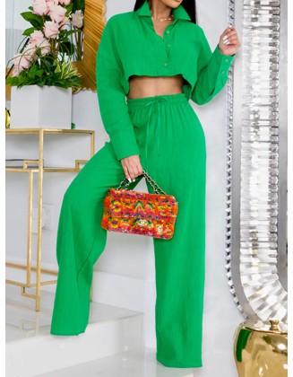 Solid Color Long Sleeves Blouse + Drawstring Elasticity High-Waisted Wide-Leg Pants Trousers Two Pieces Set