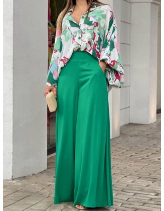 Loose Long Sleeves Floral Printed Blouses + High-Waisted Solid CoLor Wide Leg Pants Trousers Two Pieces Set