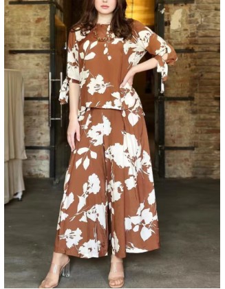 Flower Print Round-Neck T-Shirt&Wide Leg Pants Bottom Two Pieces Set