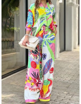 Contrast Color Printed Lapel Long Sleeves Buttoned Blouses Top+ High Waisted Pants Bottom Two Pieces Set