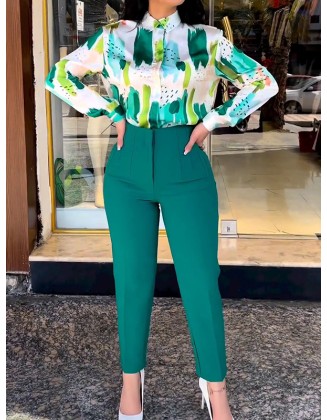 Long Sleeves Buttoned Printed Lapel Blouses Top + High Waisted Pants Bottom Two Pieces Set