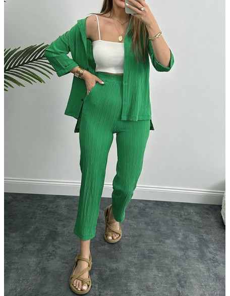 Solid Color High-Low Buttoned Split-Side Lapel Blouses Top+ Elasticity High Waisted  Pants Two Pieces Set