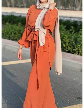 Solid Color Long Sleeves Elasticity Pleated Round-Neck Tied Waist Blouses Top + Wide Leg High Waisted Pants Bottom Two Pieces Set