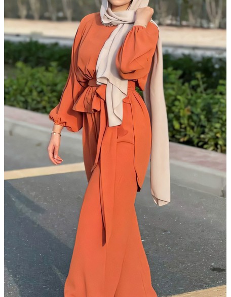 Solid Color Long Sleeves Elasticity Pleated Round-Neck Tied Waist Blouses Top + Wide Leg High Waisted Pants Bottom Two Pieces Set