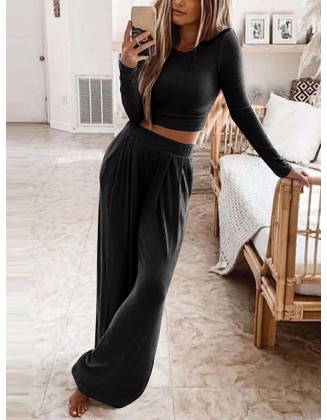 Plus Size Solid Color Long Sleeves Round-Neck Shirts Top + Pants Bottom Two Pieces Set