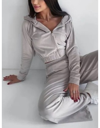 Solid Color Elasticity Hooded Zipper V-neck Long Sleeves Outerwear Top + High Waisted Pants Bottom Two Pieces Set