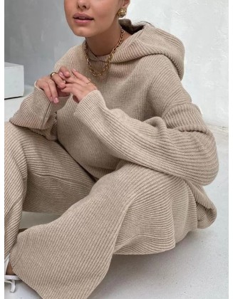 Solid Color Loose Round-Neck Hooded Long Sleeves Sweater Top + Drawstring Pants Bottom Two Pieces Set