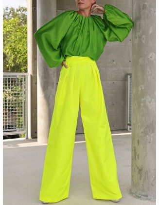 Contrast Color Round-Neck Puff Sleeves Blouse Top + Wide Leg Pants Two Pieces Set