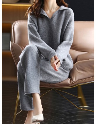 Loose Solid Color Long Sleeves Polo Sweater Top + Pants Bottom Two Pieces Set