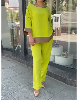 Loose Split-Side Three-Quarter Sleeves Contrast Color Round-Neck Shirts Top + Pants Bottom Two Pieces Set