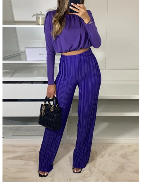 Round-Neck Long Sleeves Elasticity Pleated Solid Color Shirts Top + High Waisted Pants Bottom Two Pieces Set