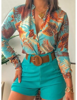 Flower Print Long Sleeves Buttoned  Deep V-Neck Shirts Top +Belted Shorts Bottom Two Pieces Set