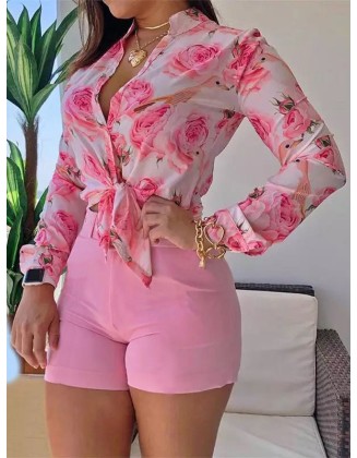 Flower Print Long Sleeves Buttoned  Deep V-Neck Shirts Top +Belted Shorts Bottom Two Pieces Set