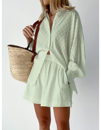 Buttoned Jacquard High-Low Long Sleeves Solid Color Lapel Shirts Top +Shorts Bottom Two Pieces Set