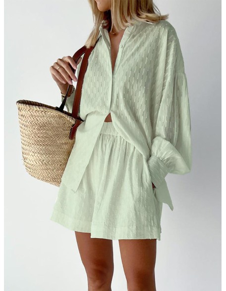 Buttoned Jacquard High-Low Long Sleeves Solid Color Lapel Shirts Top +Shorts Bottom Two Pieces Set