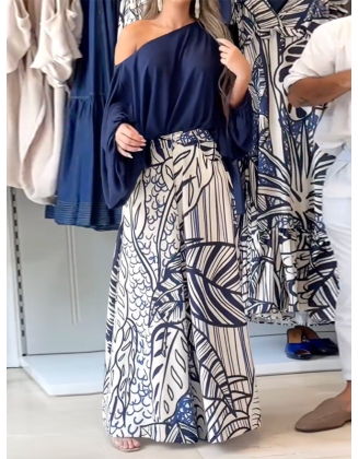 Loose Puff Sleeves Solid Color Off-The-Shoulder Blouses& Printed Pants Two Pieces Set