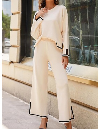 Round-Neck High-Low Long Sleeves Contrast Color Split-Side Sweater Top + Pants Bottom Two Pieces Set