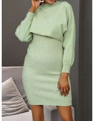 Round-Neck Long Sleeves Solid Color Sweater Top + Inner Dress Two Pieces Set