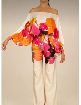 High Waisted Long Sleeves Flower Print Off-The-Shoulder Pants Set Suits Two Pieces Set