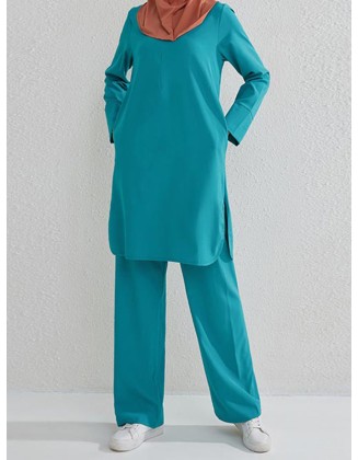 Round-Neck Long Sleeves Pockets Solid Color Split-Side Shirts Top + Pants Bottom Two Pieces Set