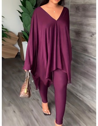 Batwing Sleeves Loose Solid Color V-Back V-Neck Shirts Tops&Pants Two Pieces Set