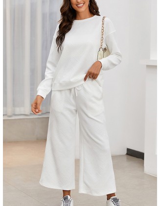 Round-Neck Long Sleeves Loose Solid Color Shirts Top + Drawstring Pants Bottom Two Pieces Set