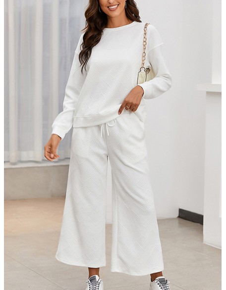 Round-Neck Long Sleeves Loose Solid Color Shirts Top + Drawstring Pants Bottom Two Pieces Set