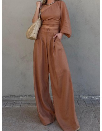 Solid Color One-Shoulder Long Sleeves Loose Asymmetric Elasticity Knot Pleated Shirts Top + Pants Bottom Two Pieces Set