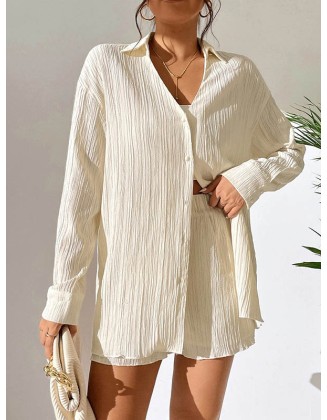 Loose Buttoned Long Sleeves Pleated Solid Color Lapel Shirts Top + Elasticity Shorts Bottom Two Pieces Set