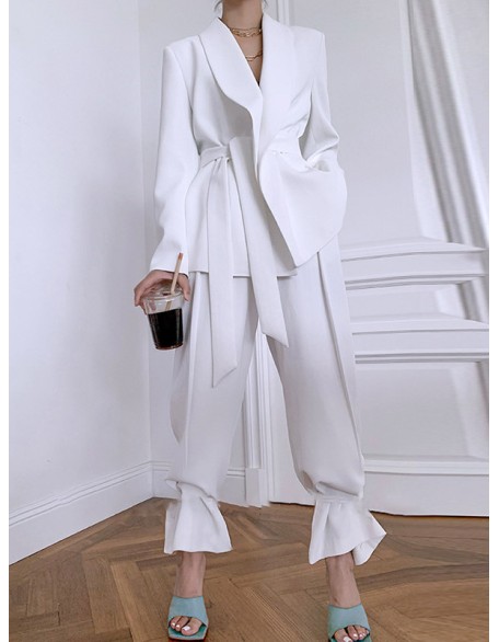 Solid Color Column Long Sleeves Lapel Blazer Top&Pants Two Pieces Set