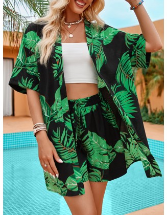 Leaves Print Loose Short Sleeves Buttoned Collarless T-Shirts Top + Drawstring Elasticity Shorts Bottom Two Pieces Set