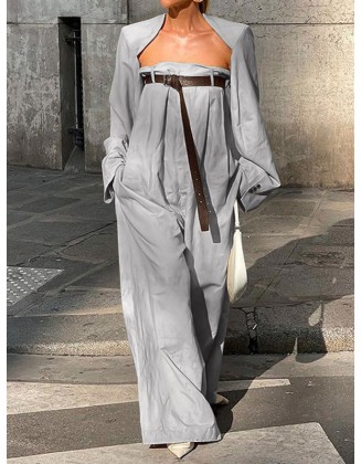 Buttoned Long Sleeves Collarless Outerwear Top + Wide Leg Belted Jumpsuits Two Pieces Set