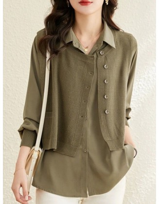 Long Sleeves Loose Solid Color Lapel  Inner Shirt + Pockets Buttoned Outer Knit Vest Two Pieces Set