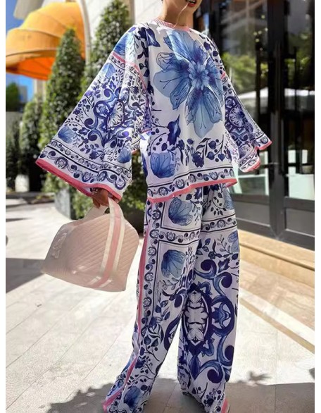 Round-Neck Flared Sleeves Long Sleeves Flower Print T-Shirts Top + Pants Bottom Two Pieces Set