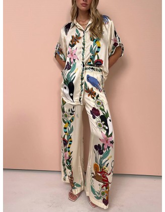 Loose Buttoned Half Sleeves Flower Print Pockets Lapel T-shirt Top + Drawstring Elasticity Pants Bottom Two Pieces Set